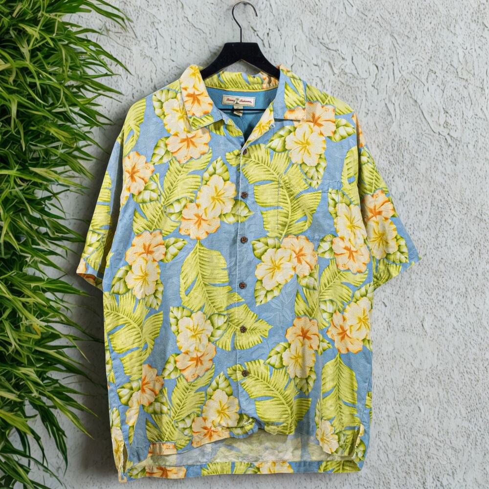 Tommy Bahama Silk Hawaiian Shirt XL Blue Floral Camp Collar Loop Resort